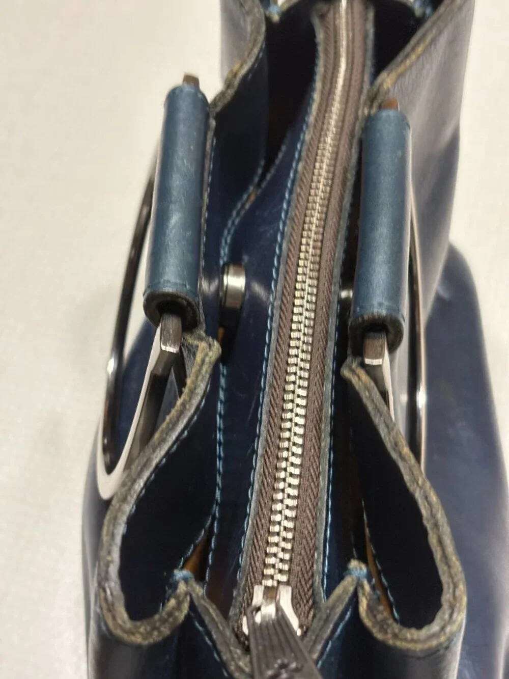 GUC Patricia Nash Navy Leather Satchel with Metal Ring Handles